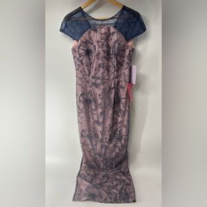 JS Collections Dusty Pink Floral Maxi with Navy Lace Yoke 6 NWT